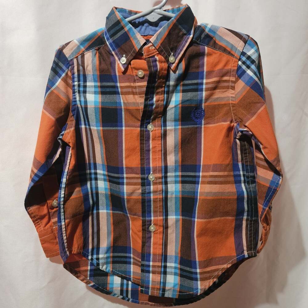 CHAPS Boys 2T Plaid Button Down Shirt Orange Blue Long Sleeve Toddler